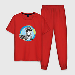 Пижама хлопковая мужская Мультяшный енот, цвет: красный