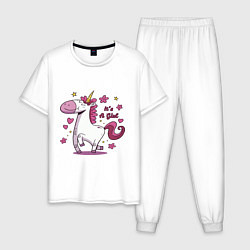 Пижама хлопковая мужская Girl unicorn, цвет: белый