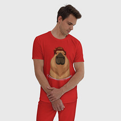 Пижама хлопковая мужская Капибара гигачад с шевелюрой, цвет: красный — фото 2