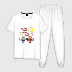 Пижама хлопковая мужская Влюбленные коты с подарками, цвет: белый