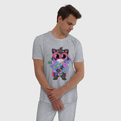 Пижама хлопковая мужская Кот супергерой с цветами, цвет: меланж — фото 2