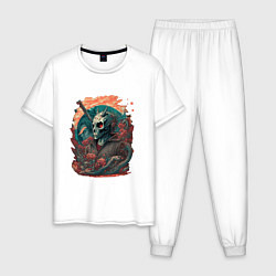 Пижама хлопковая мужская Череп скелета самурая, цвет: белый