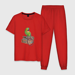 Пижама хлопковая мужская Зеленый попугай на сундуке с сокровищами, цвет: красный