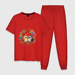 Пижама хлопковая мужская Влюбленные птички на ветке арт, цвет: красный