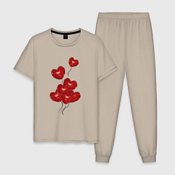 Пижама хлопковая мужская Улетающие воздушные шарики в виде сердечка, цвет: миндальный