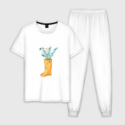 Пижама хлопковая мужская Букет полевых цвето в желтом сапоге, цвет: белый