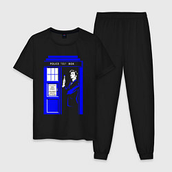 Пижама хлопковая мужская Доктор Кто у двери Тардис, цвет: черный