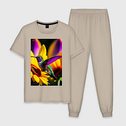 Пижама хлопковая мужская Колибри и подсолнух, цвет: миндальный