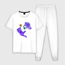 Пижама хлопковая мужская Космические коты, играющие планетами, цвет: белый