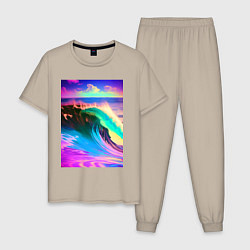 Пижама хлопковая мужская Неоновая волна - тихий океан, цвет: миндальный