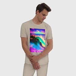 Пижама хлопковая мужская Неоновая волна - тихий океан, цвет: миндальный — фото 2