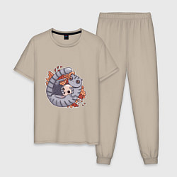 Пижама хлопковая мужская Осенний котик-енотик, цвет: миндальный