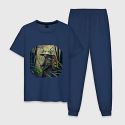 Пижама хлопковая мужская Мистический воин в бамбуковой роще окруженный бабо, цвет: тёмно-синий