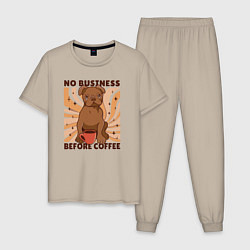 Пижама хлопковая мужская No business before coffee, цвет: миндальный