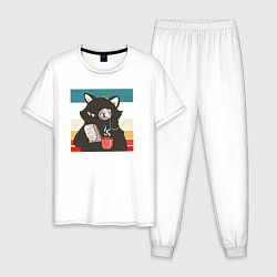 Пижама хлопковая мужская Кот над проектом, цвет: белый