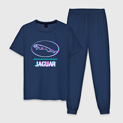 Пижама хлопковая мужская Значок Jaguar в стиле glitch, цвет: тёмно-синий