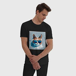 Пижама хлопковая мужская Цифровой кот в темных очках, цвет: черный — фото 2