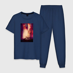 Пижама хлопковая мужская Танк в пламени на поле боя, цвет: тёмно-синий