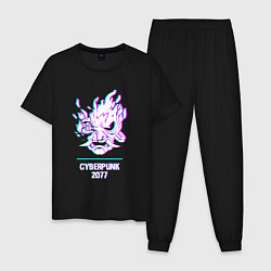 Пижама хлопковая мужская Cyberpunk 2077 в стиле glitch и баги графики, цвет: черный