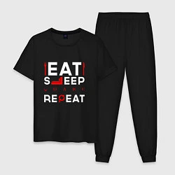 Пижама хлопковая мужская Надпись eat sleep Quake repeat, цвет: черный