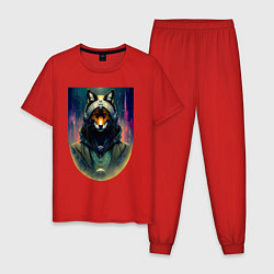 Пижама хлопковая мужская Лиса в стиле киберпанк - нейросеть, цвет: красный