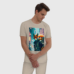 Пижама хлопковая мужская Лисица в большом городе - киберпанк, цвет: миндальный — фото 2