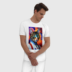 Пижама хлопковая мужская Кот в комбинезоне - нейросеть, цвет: белый — фото 2