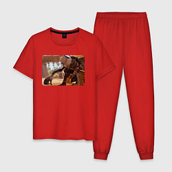 Пижама хлопковая мужская Ассасин гладит кота, цвет: красный