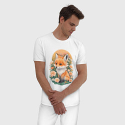 Пижама хлопковая мужская Милая мордочка лисенка в акварельных цветах, цвет: белый — фото 2