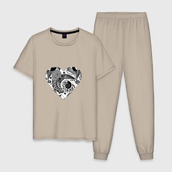 Пижама хлопковая мужская Сердце с абстрактным черно-белым узором, цвет: миндальный