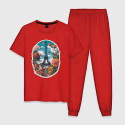 Пижама хлопковая мужская Эйфелева башня в цветах, цвет: красный