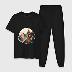 Пижама хлопковая мужская Горы в стиле моротай, цвет: черный