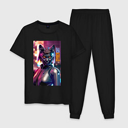 Мужская пижама Взгляд чёрной кошки - киберпанк - нейросеть