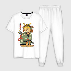 Пижама хлопковая мужская Samurai battle cat, цвет: белый