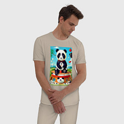 Пижама хлопковая мужская Панда на постаменте - сюрреализм, цвет: миндальный — фото 2