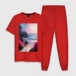 Пижама хлопковая мужская Вечер в бухте, цвет: красный
