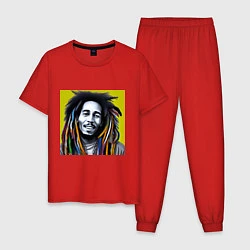 Пижама хлопковая мужская Разноцветные дреды Боба Марли граффити, цвет: красный