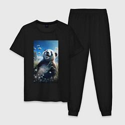 Пижама хлопковая мужская Счастливая панда, цвет: черный