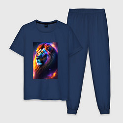Пижама хлопковая мужская Лев с радужной гривой и голубыми глазами, цвет: тёмно-синий