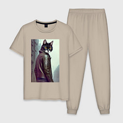Пижама хлопковая мужская Модный котяра - Лондон - нейросеть, цвет: миндальный