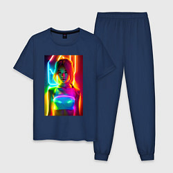 Пижама хлопковая мужская Japanese girl - neon glow - neural network, цвет: тёмно-синий