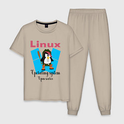 Пижама хлопковая мужская Пингвин линукс в шляпе, цвет: миндальный