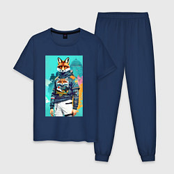 Пижама хлопковая мужская Лис-модник - нейросеть - акварель, цвет: тёмно-синий