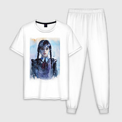 Пижама хлопковая мужская Акварельный портрет Уэнсдей, цвет: белый