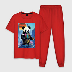 Пижама хлопковая мужская Панда на берегу озера - нейросеть, цвет: красный