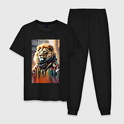Пижама хлопковая мужская Лев в драной куртке - хиппи, цвет: черный