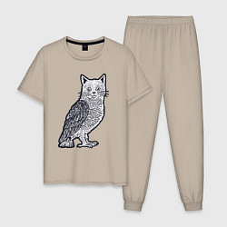 Пижама хлопковая мужская Кошка сова, цвет: миндальный