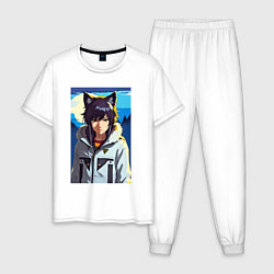 Пижама хлопковая мужская Девочка-волчонок - аниме, цвет: белый