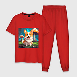 Пижама хлопковая мужская Корги под грибами, цвет: красный