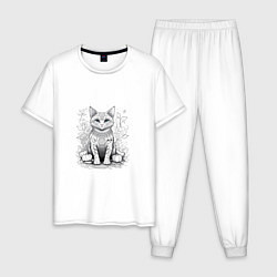 Пижама хлопковая мужская Кот мандала, цвет: белый